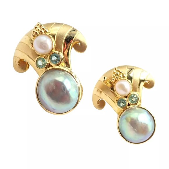 Rare! Vintage Paula Crevoshay 18k Gold Abalone Pearl Blue Gemstone Earrings OOAK - Picture 6 of 15